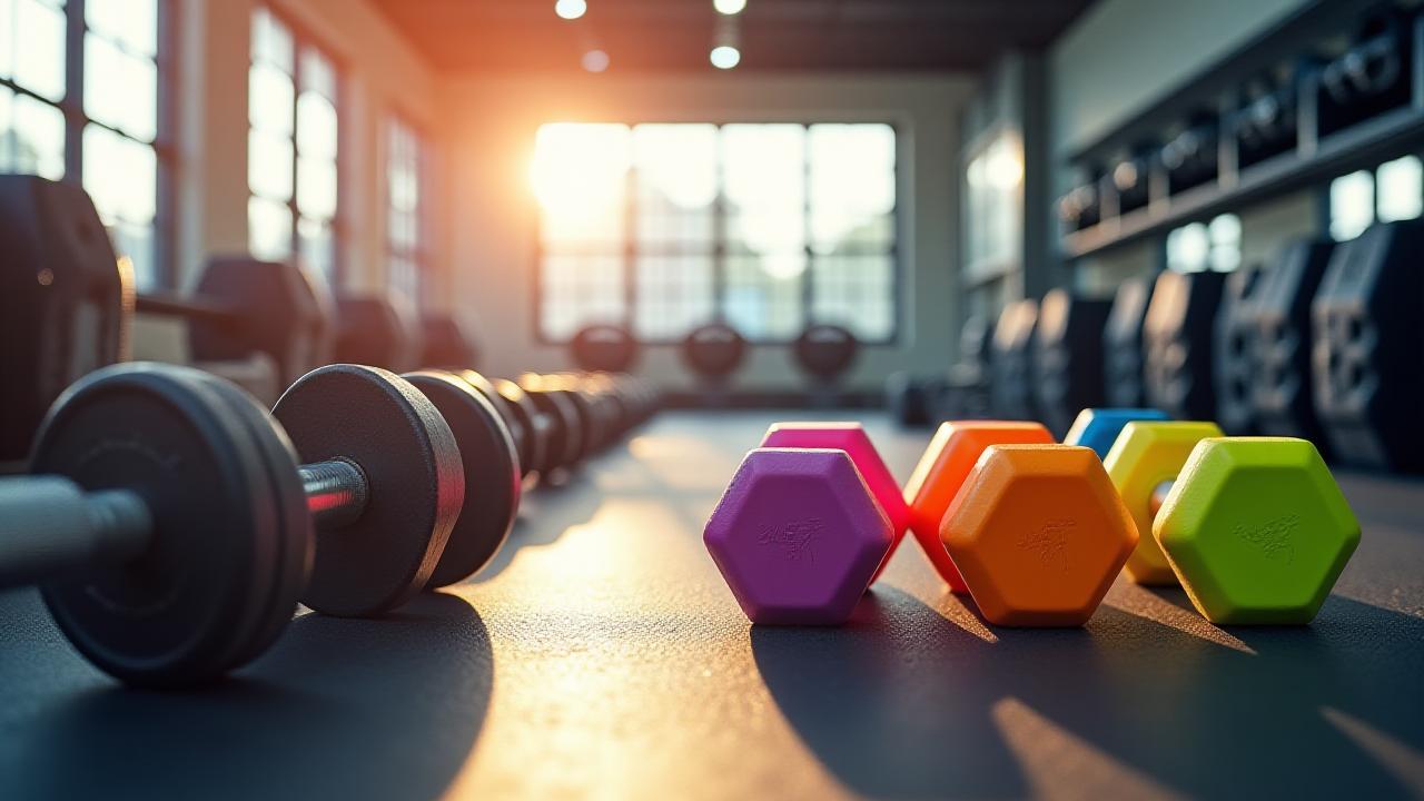 Artful arrangement of various dumbbells at Chronos Fitness