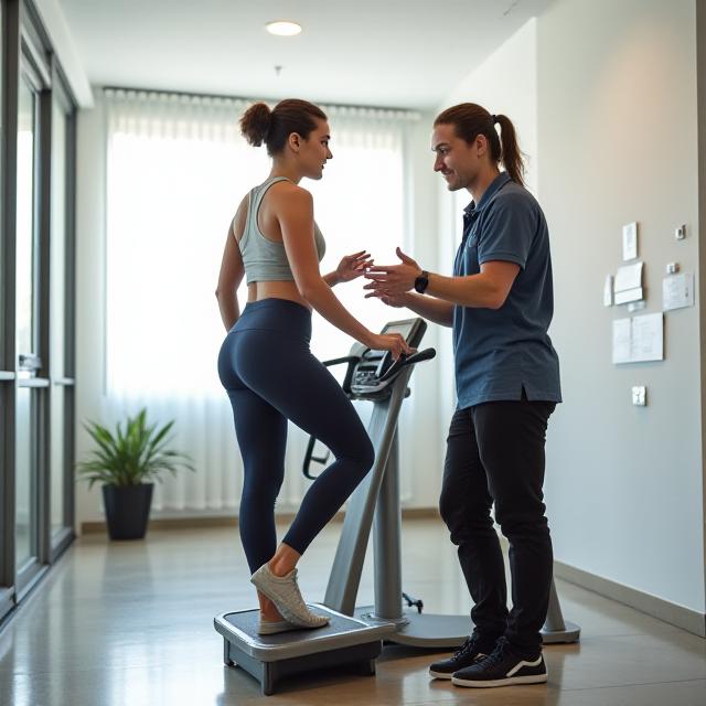 Physiotherapist guiding a patient on a stepper